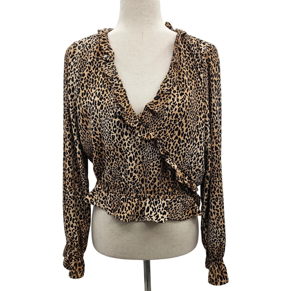 HM Divided Leopard Print Ruffle Wrap Peplum Blouse Tan Black Size 10 06941279